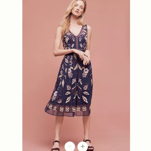 Anthro Moulinette Soeurs Navy & Purple Embroidered Alicante Dress - Size 10 - Picture 1 of 11